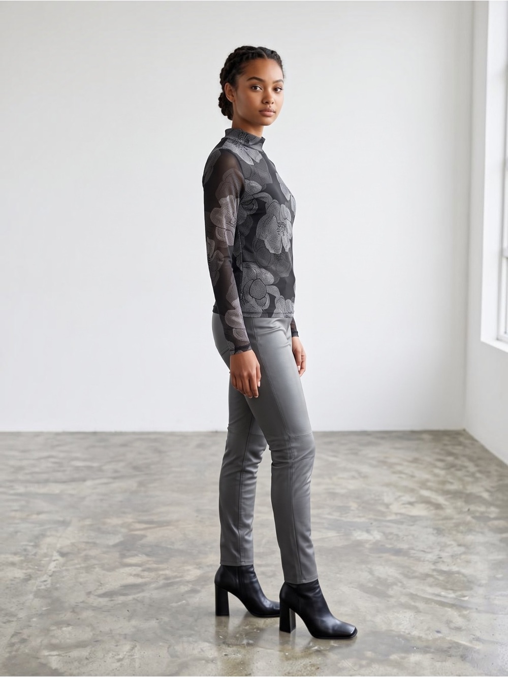 Truth Black Floral Mesh Long-Sleeve Mock Neck Top